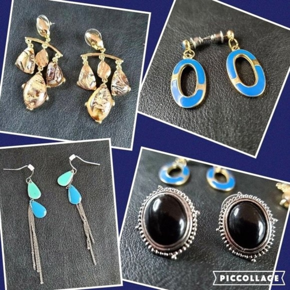 Vintage Jewelry- Black Cabochon Aqua Blue Dangle Chandelier Pierced Earrings LOT